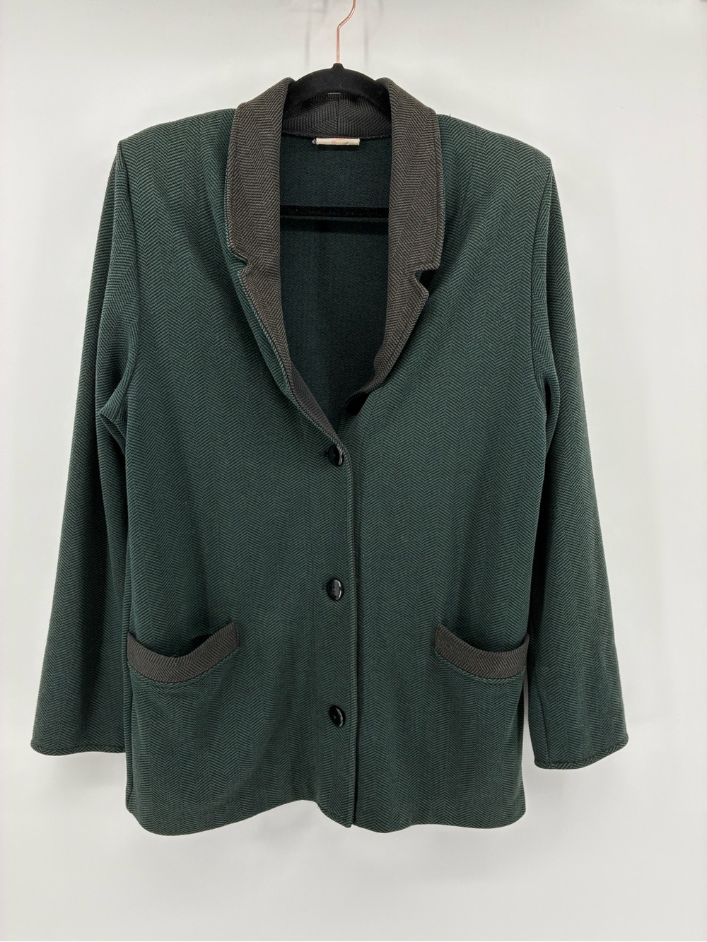 Women's Dark Green Single-Breasted Blazer Jacket Vintage Herringbone